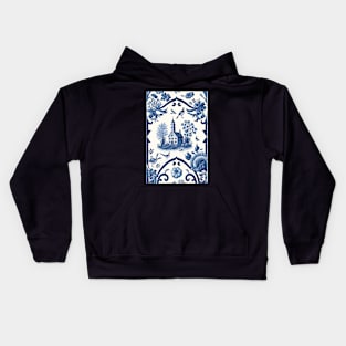 Floral Garden Botanical Print with Delft Blue and White Kids Hoodie